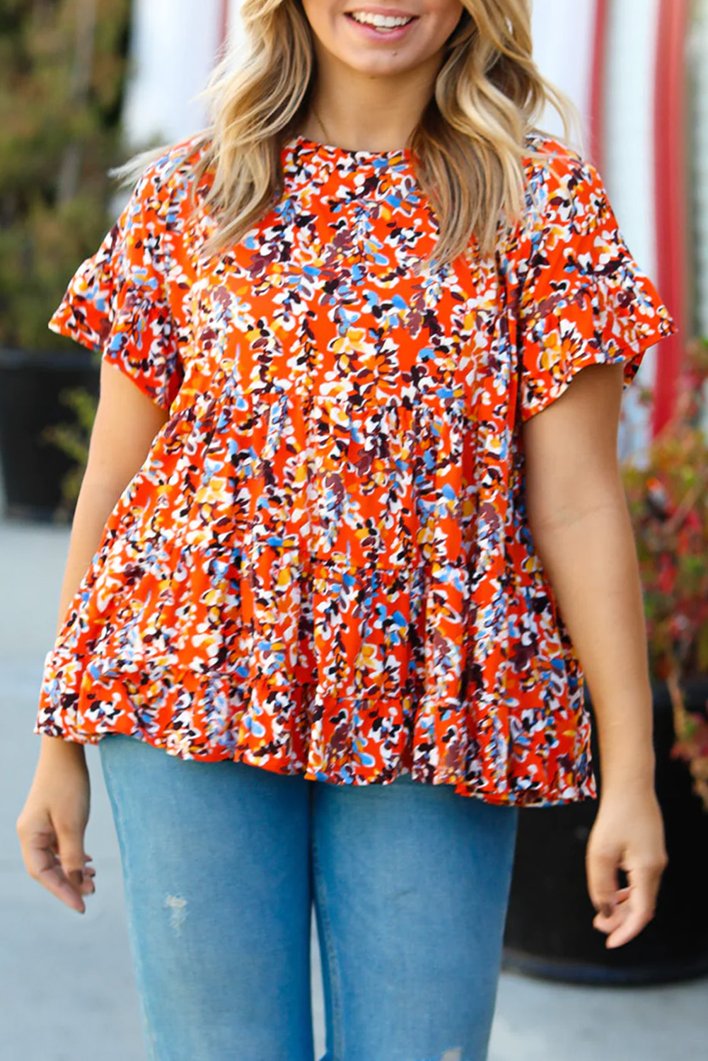 Orange Ruffled Floral Babydoll Blouse