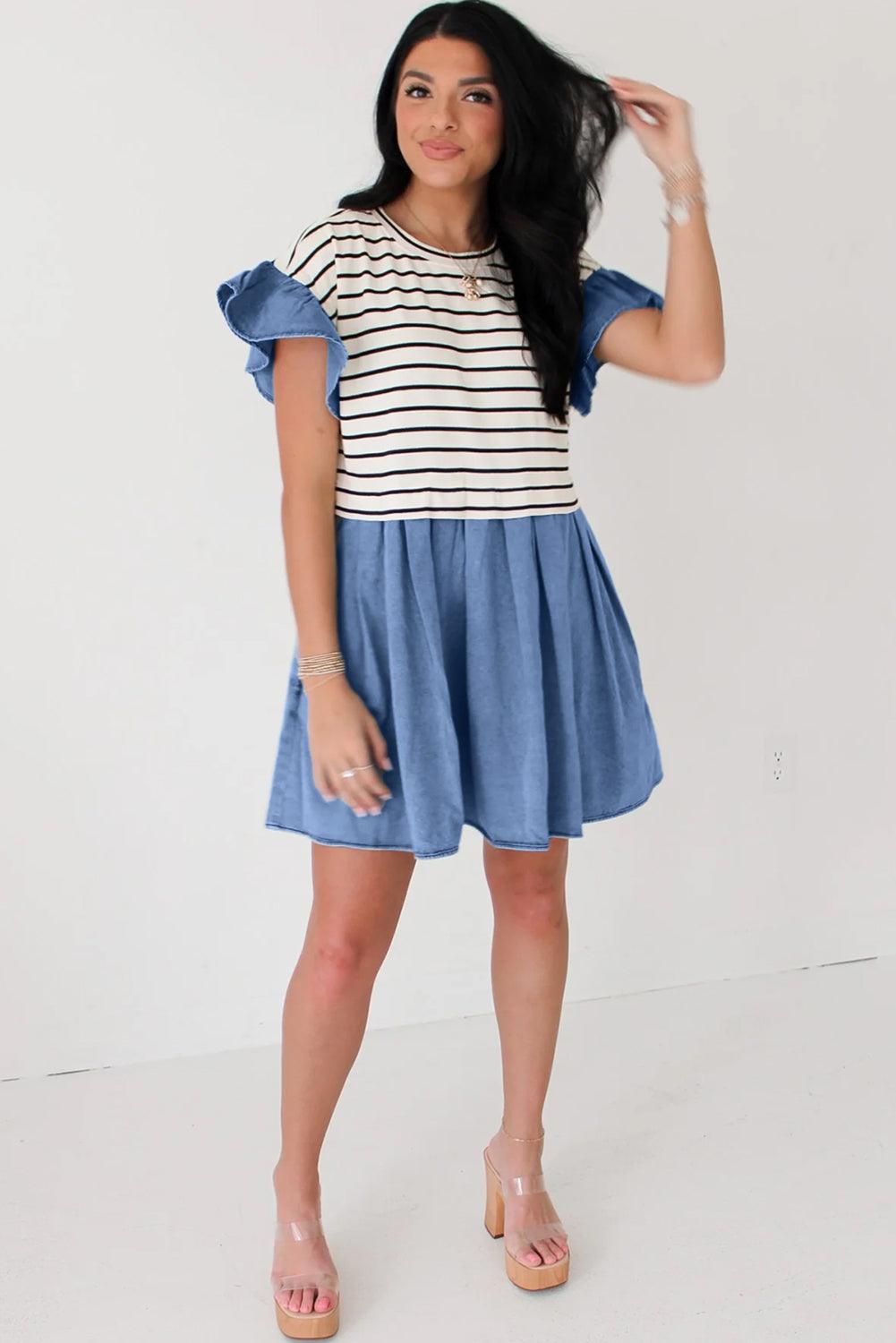 Denim Stripe Ruffle Mini Dress