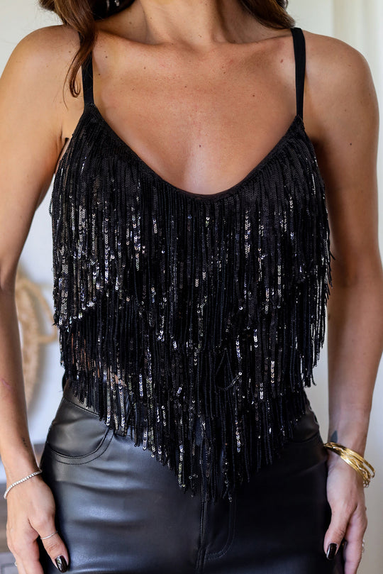 Black Tassel Sequin Tank Crop Top