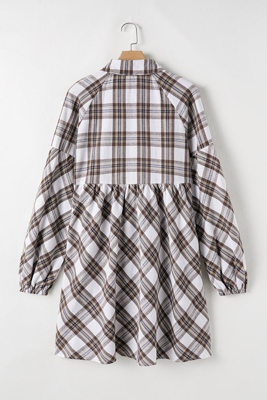 Brown Plaid Bubble Sleeve Shirt Dress