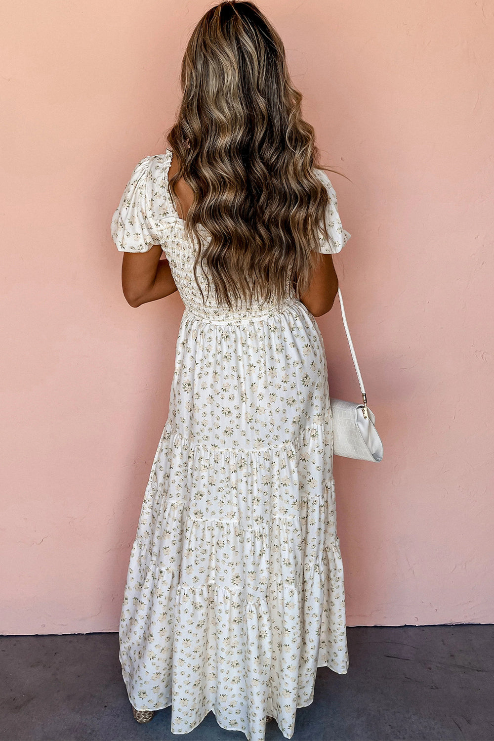 White Shirred Beige Floral Maxi Dress