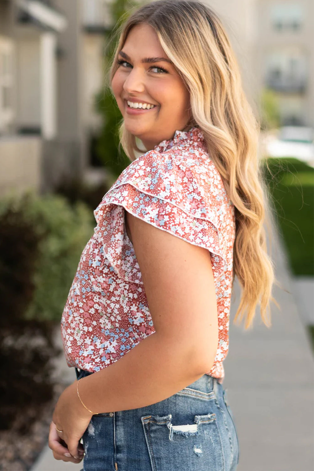 Nina Ruffled Pale Pink Plus Size Floral Blouse