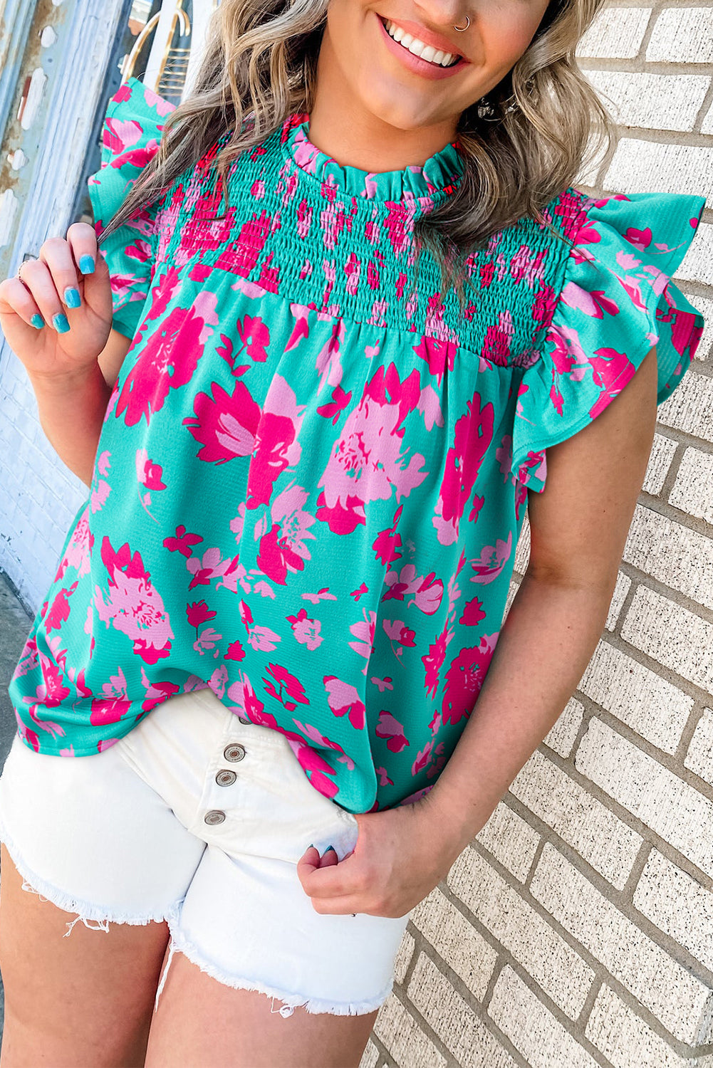 Sydney Ruffled Green Floral Flutter Sleeve Blouse