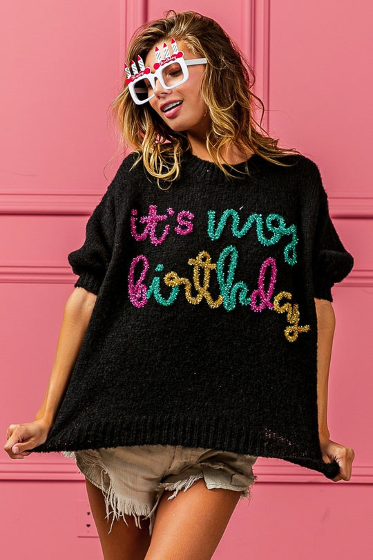 Metallic "It's My Birthday" Puff Sweater