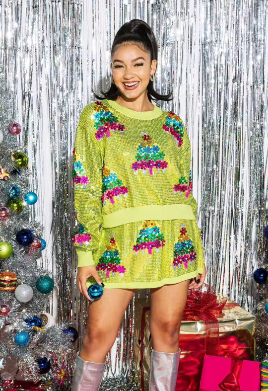 Queen of Christmas Sequins Trees Two Piece Skirt Set