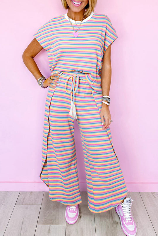 Ciera Rainbow Pink Striped Wide Leg Pants Set