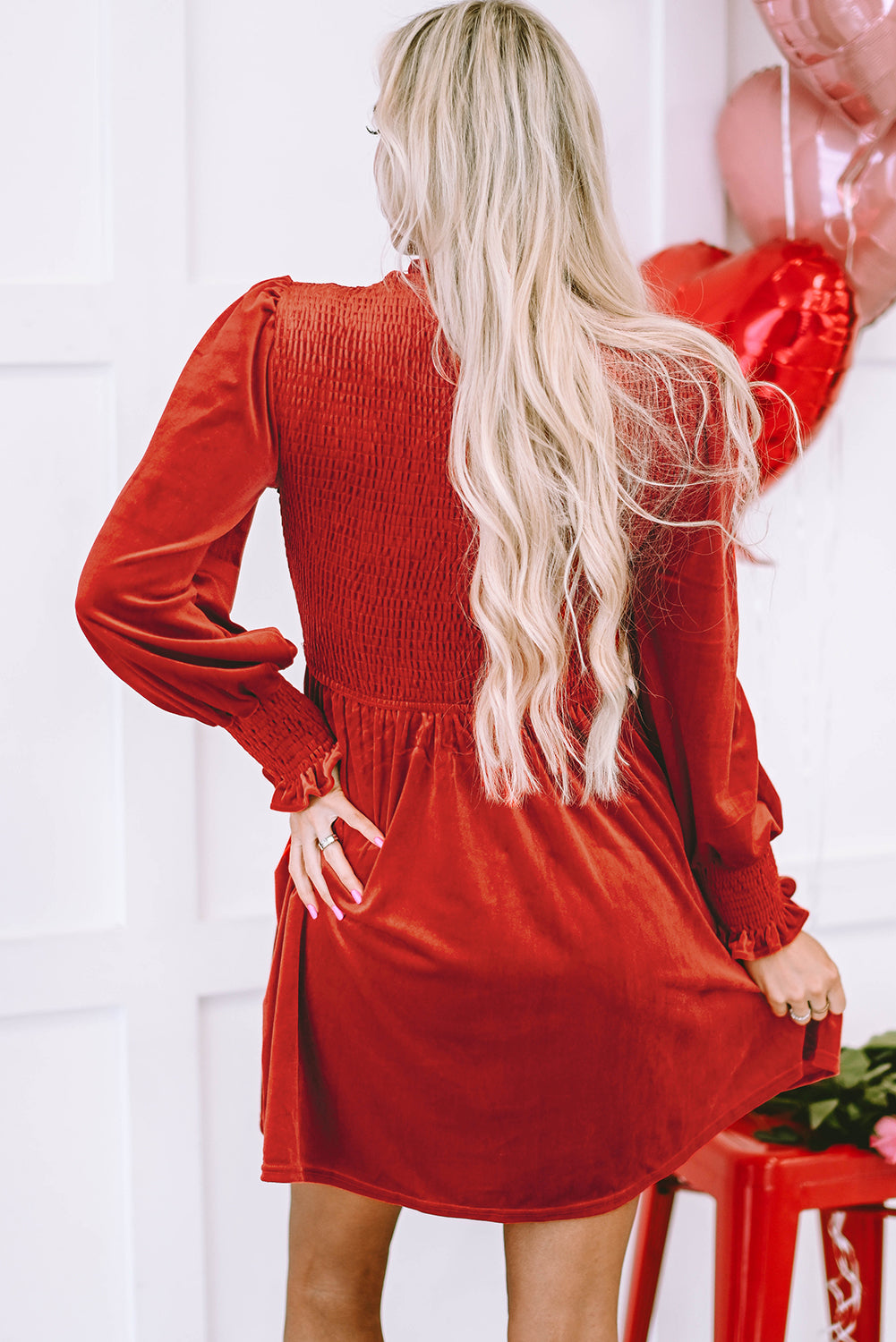 Red Velvet Smocked Dress