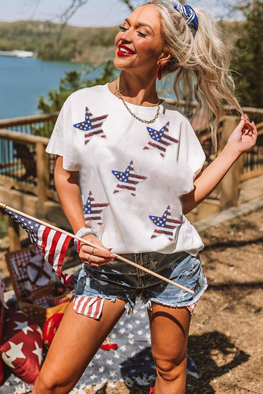 American Flag Sequin Stars Graphic T Shirt