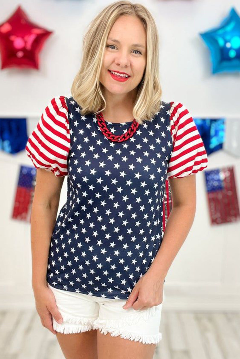 Navy 4th Of July Stars Stripes Blouse