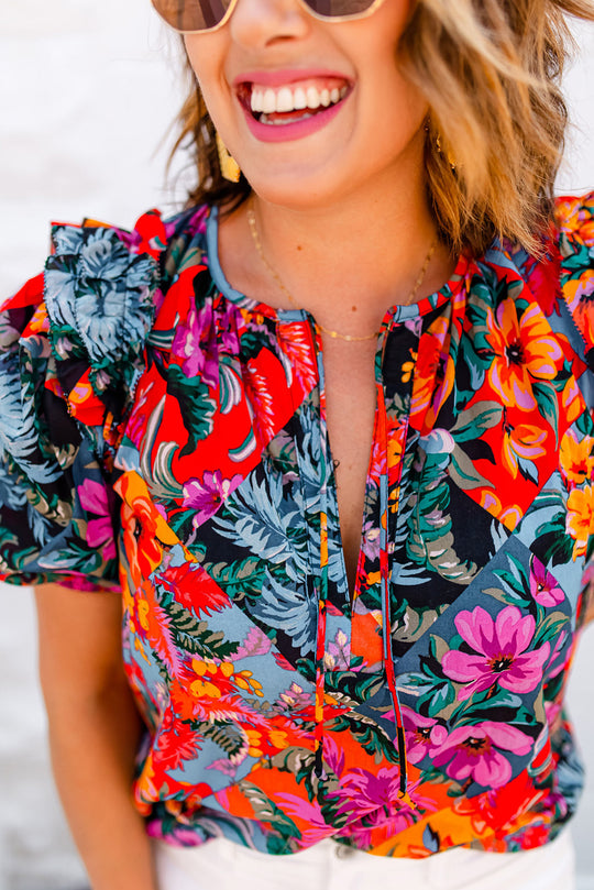 Red Ruffled Multicolor Floral Blouse