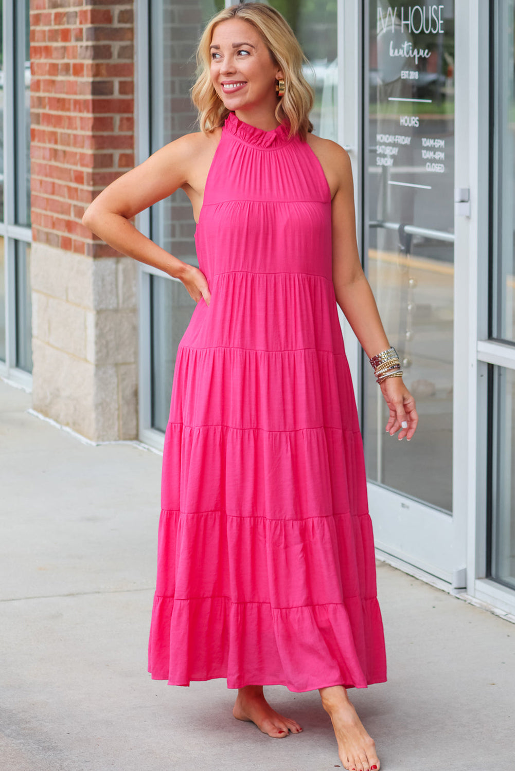 Rosey Pink Long Tiered Maxi Dress