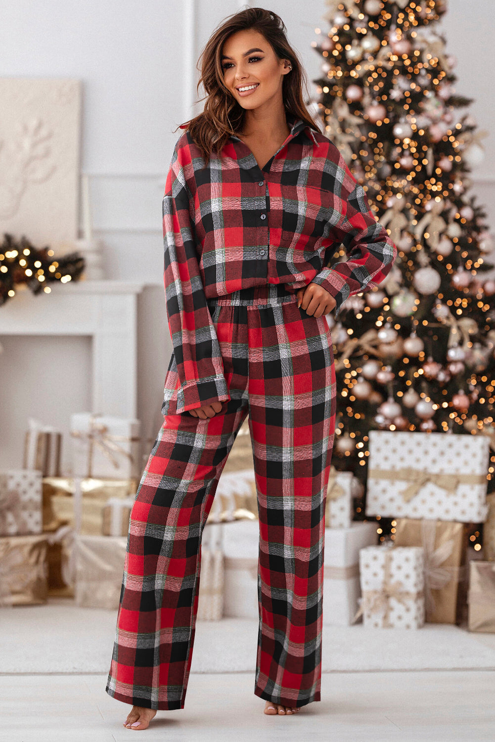 Checkered Red Plaid Pattern Pants Lounge Set