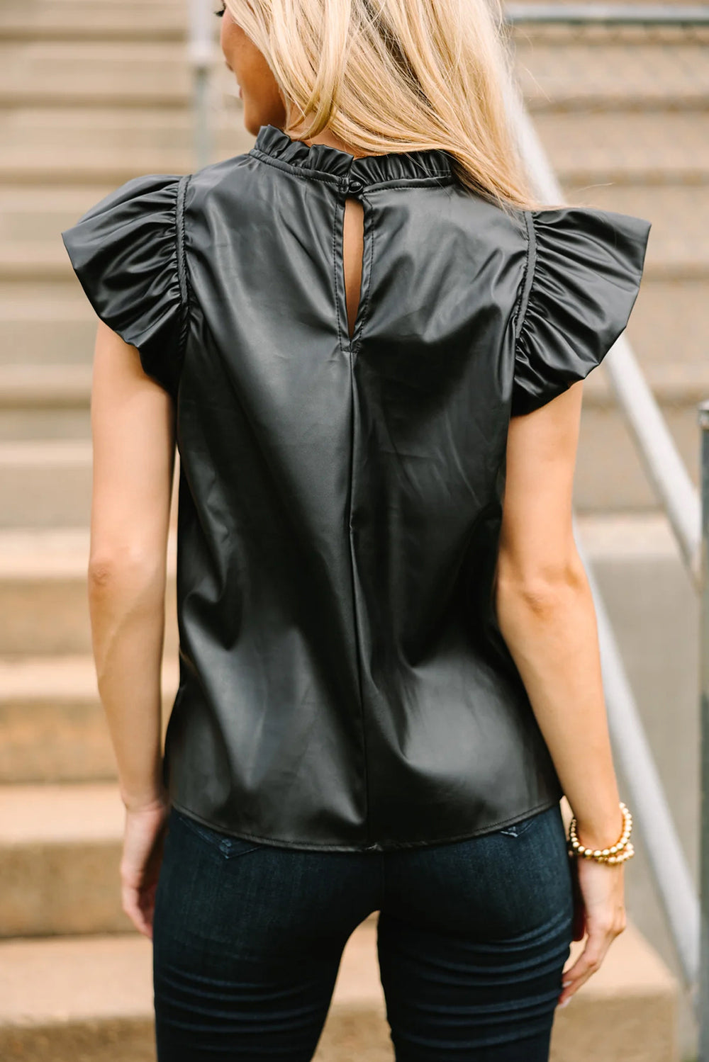 Ruffled Black Pleather Blouse