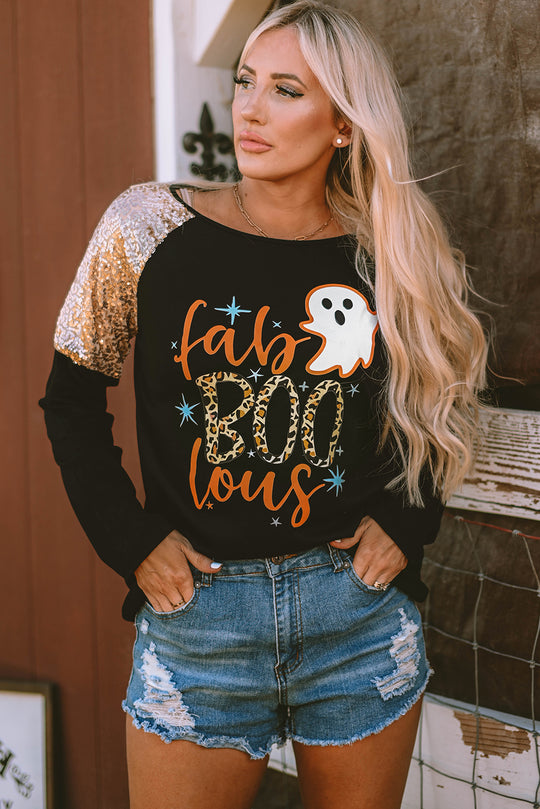 Sequin Fab- Boo- lous Leopard Ghost Long Sleeve Top