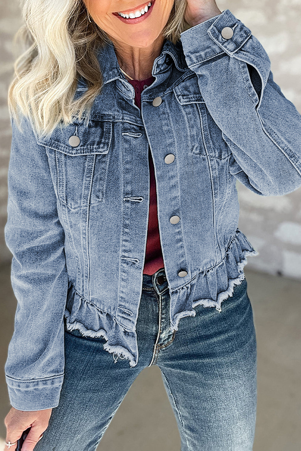 Dani Ruffle Distressed Denim Jacket