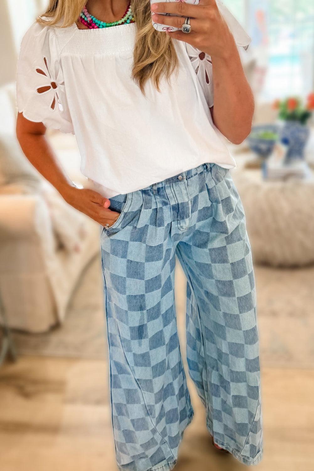  Checkered Denim Wide Leg Denim