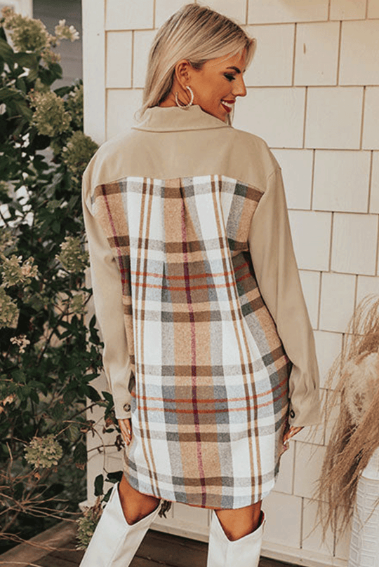  Plaid Camel Long Sleeve Shirt Mini Dress