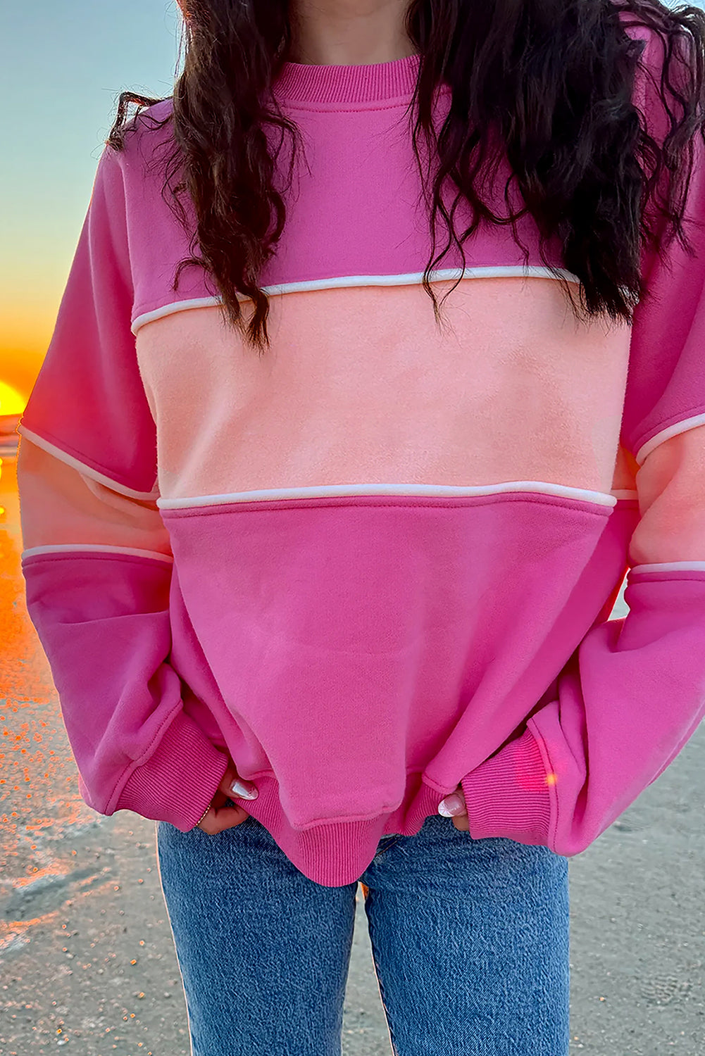  Pink Two-Toned Drop Shoulder Ribbed Trim Sweatshirt