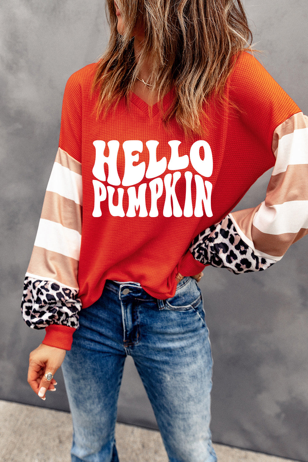  Leopard Striped "Hello Pumpkin" Orange Long Sleeve Top