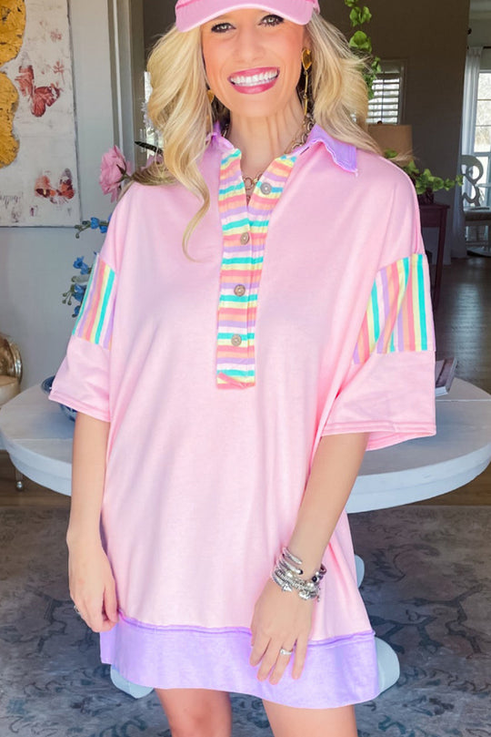 Pink Multicolor Rainbow Stripe T Shirt Dress