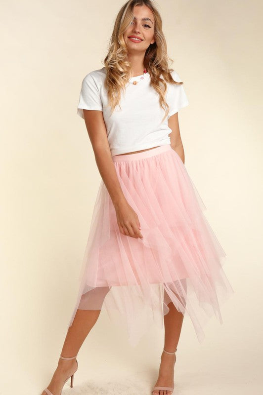 BLUSH TULLE TIERED MIDI SKIRT 