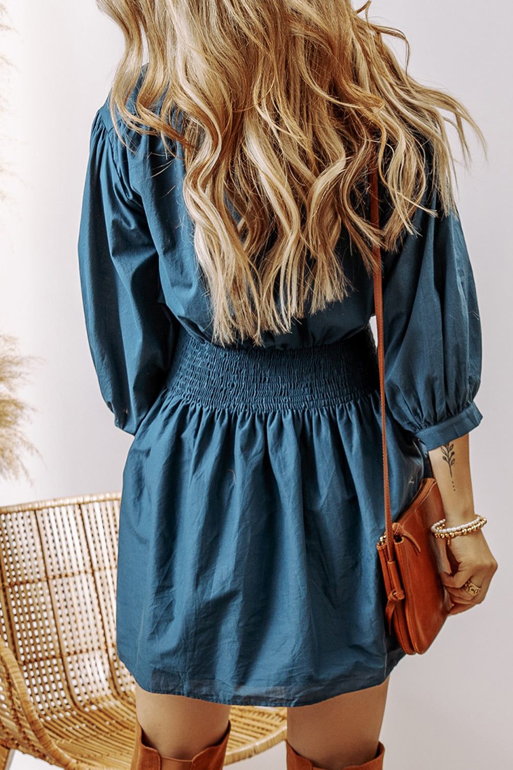  Shirred High Waist Buttoned Mini Dress