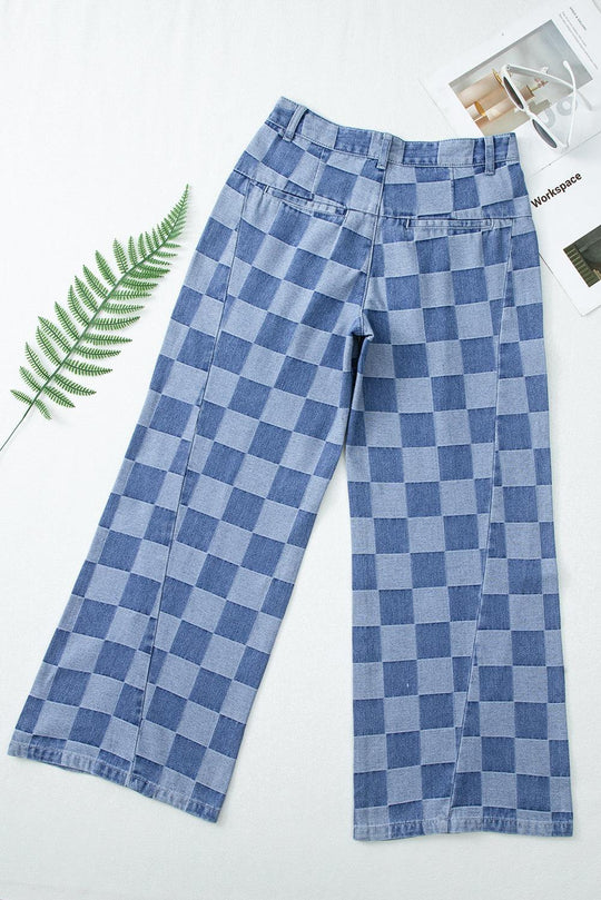  Checkered Denim Wide Leg Denim