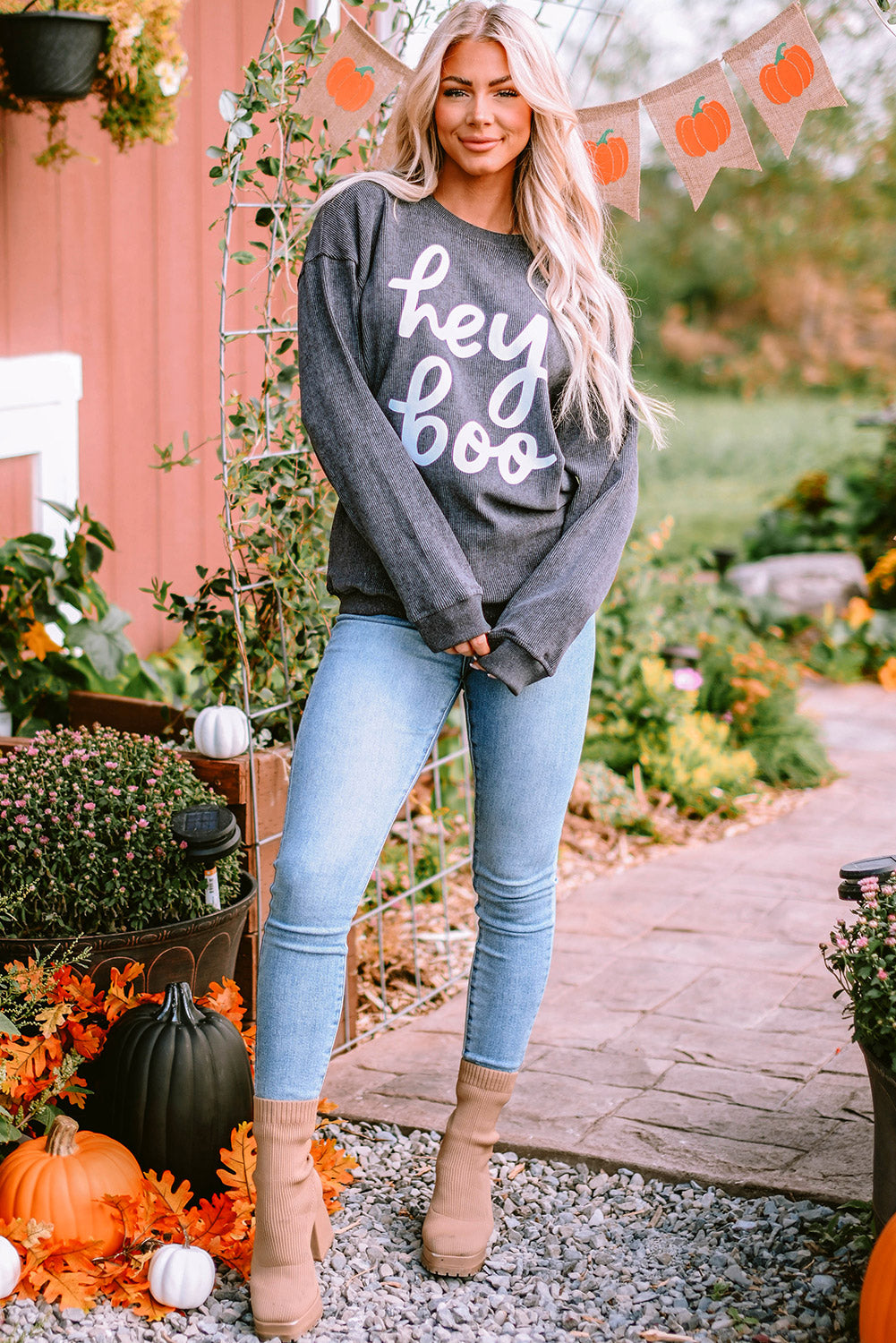 Corduroy Gray "Hey Boo" Graphic Halloween Sweatshirt