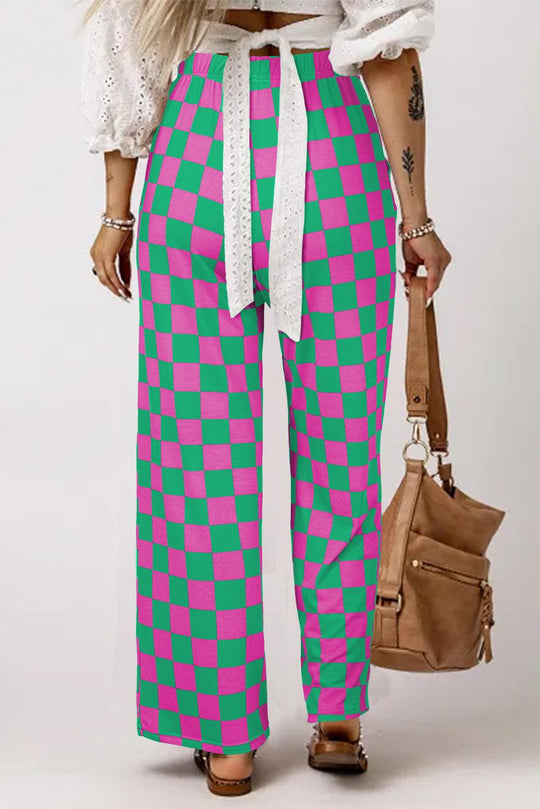 Bonbon 2-Tone Checked Print High Waist Wide Leg Pants