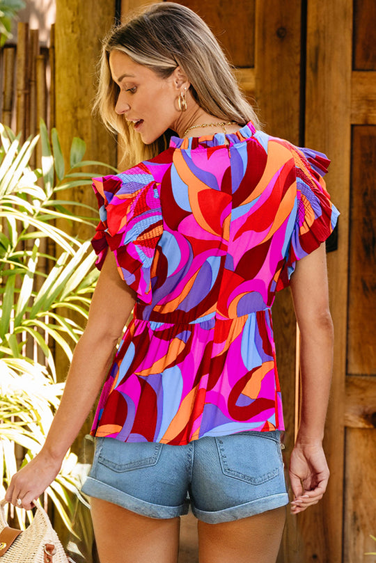 Orange Multicolor Abstract Flutter Sleeve Blouse