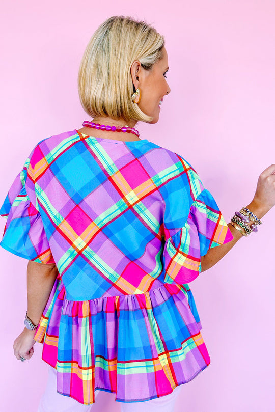 Misty Blue Plaid Multicolor Ruffled Blouse