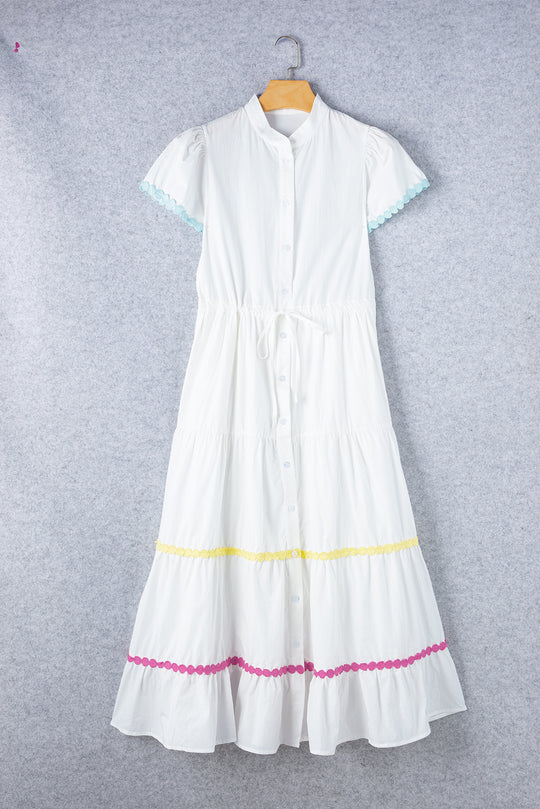 White Rickrack Multicolor Trim Drawstring Long Dress