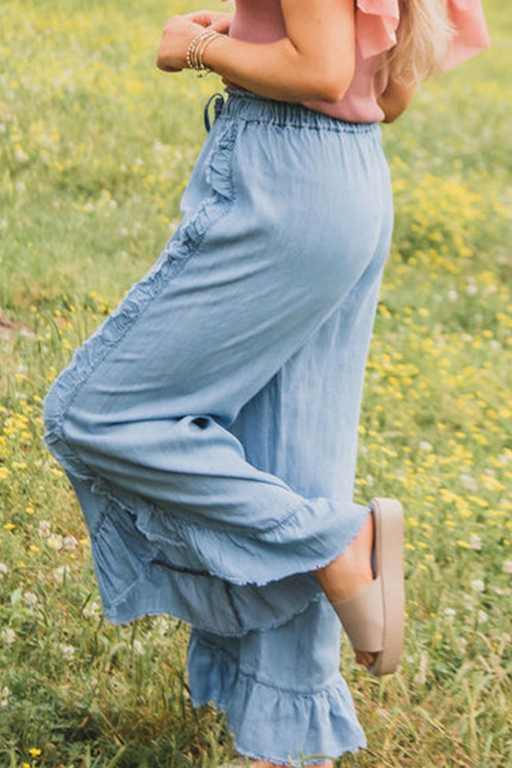  Ruffled Wide Leg Denim Jeans