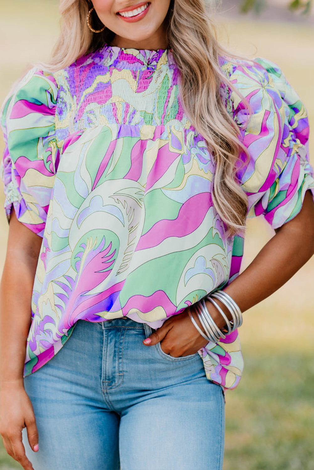 Green Abstract Bubble Sleeve Blouse