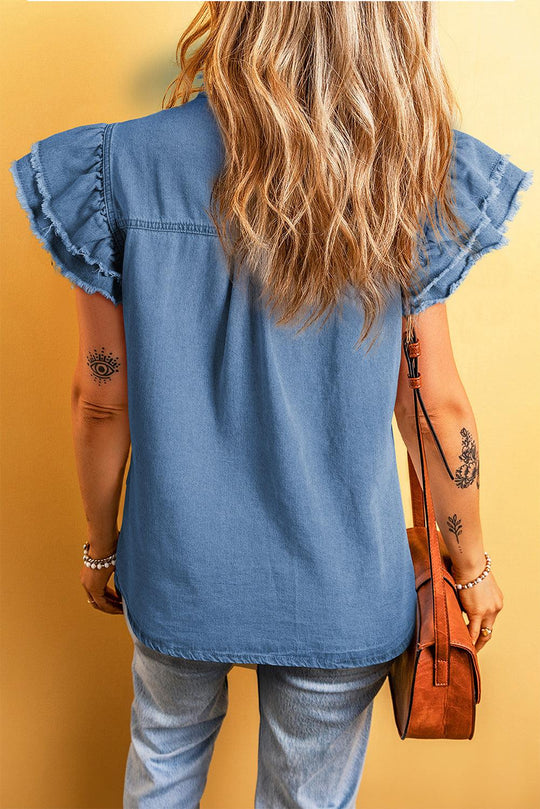 Beau Blue Button Front Ruffled Flutter Frayed Denim Top