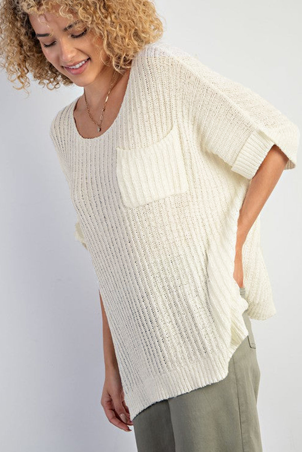  Rolled Cuffs Loose Knit Top 