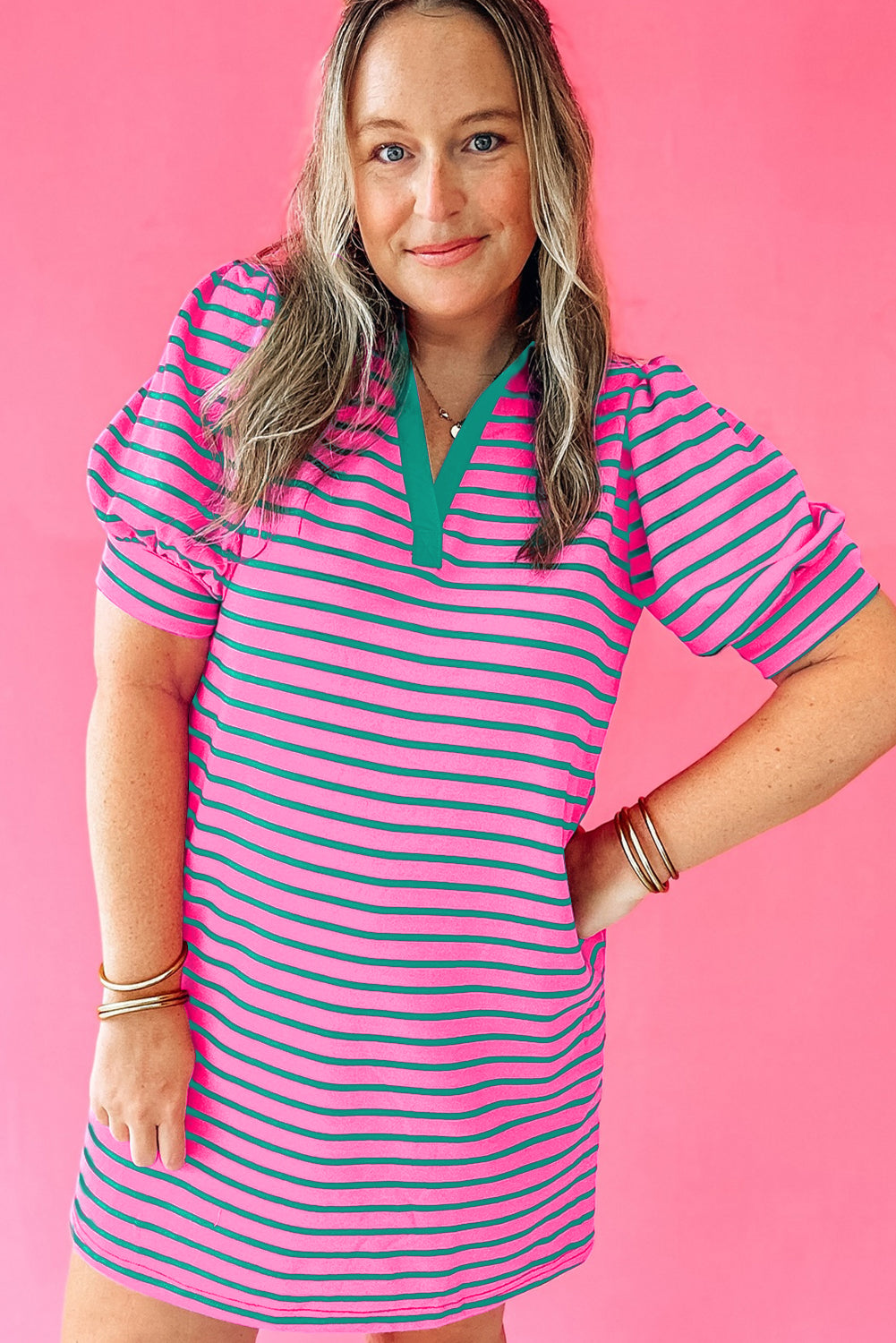 Stripe Pink Collar T Shirt Plus Size Dress 