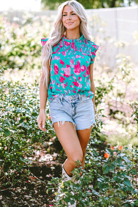 Sydney Ruffled Green Floral Flutter Sleeve Blouse