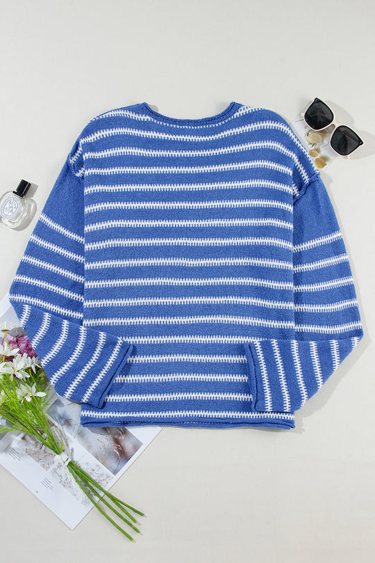 Casual Blue Stripe Drop Shoulder Sweater