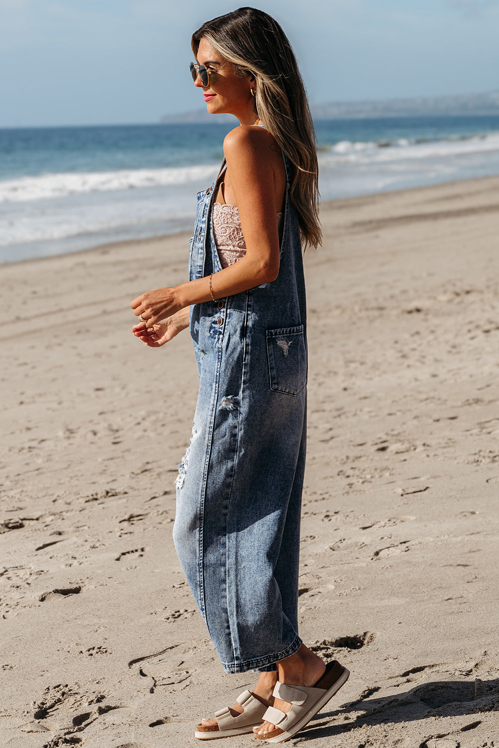  Distressed Wide Leg Denim Overalls