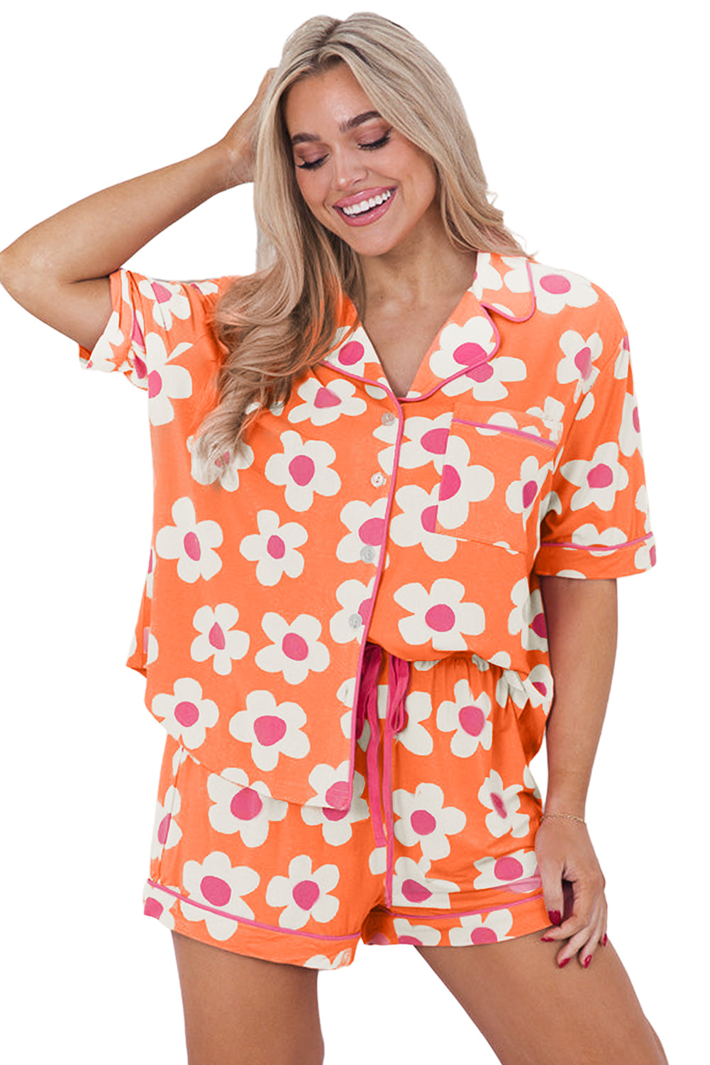 Orange Daisy Flower Short Set Pajamas