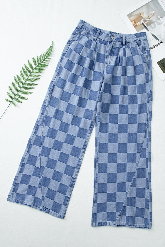  Checkered Denim Wide Leg Denim