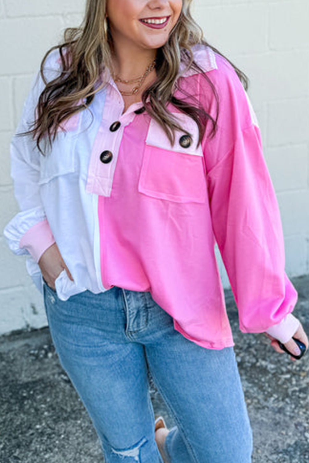 Jenny Pink Half Button Plus Size Sweatshirt