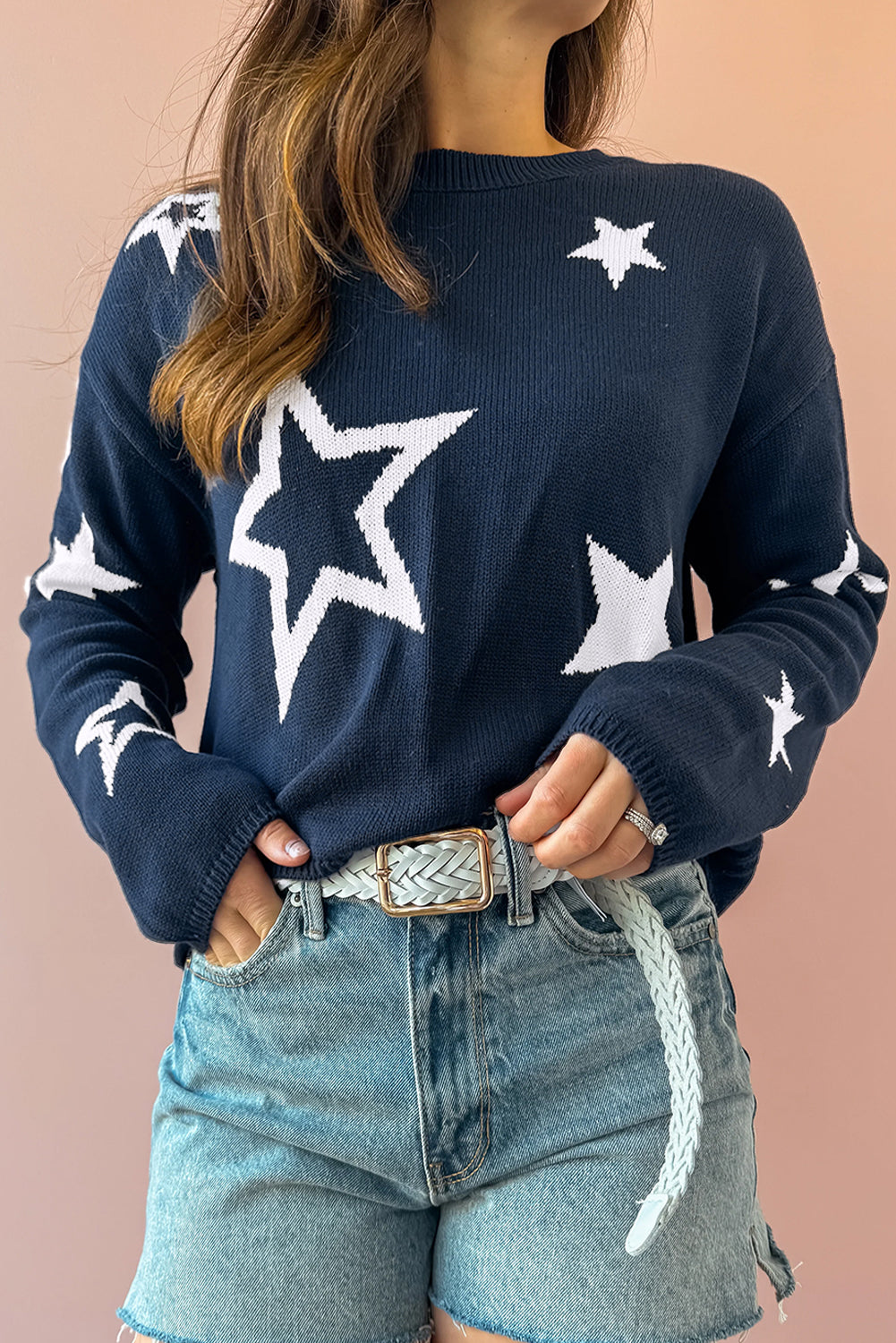  Knitted Navy Blue Star Drop Shoulder Sweater