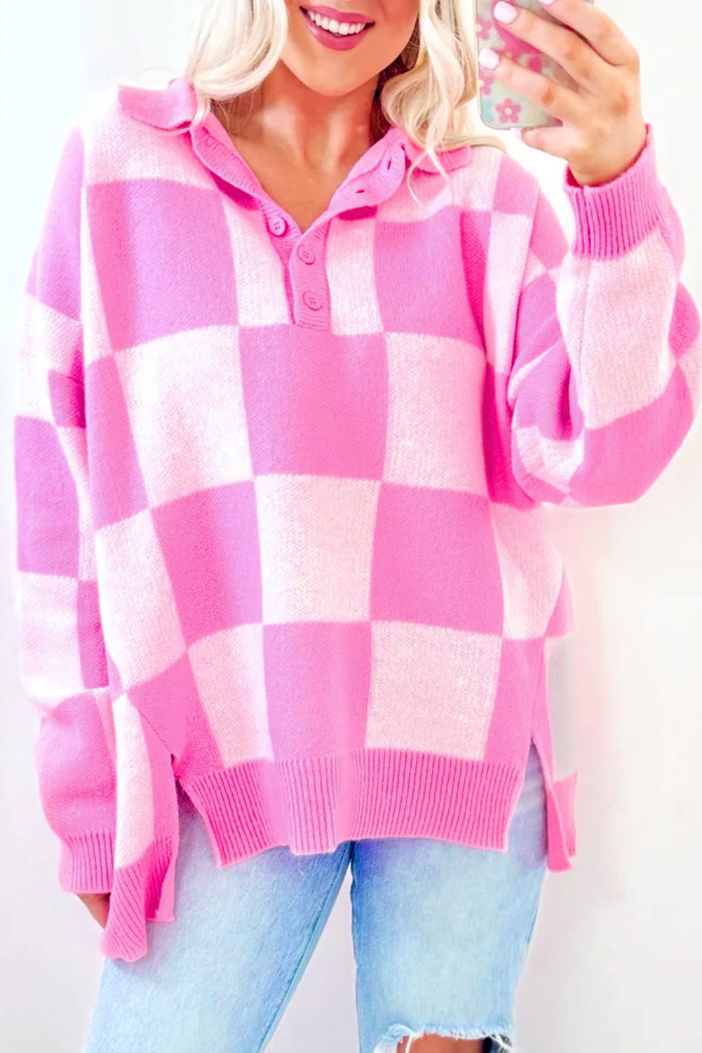 Sadie Checkerboard Half Button Collared Sweater