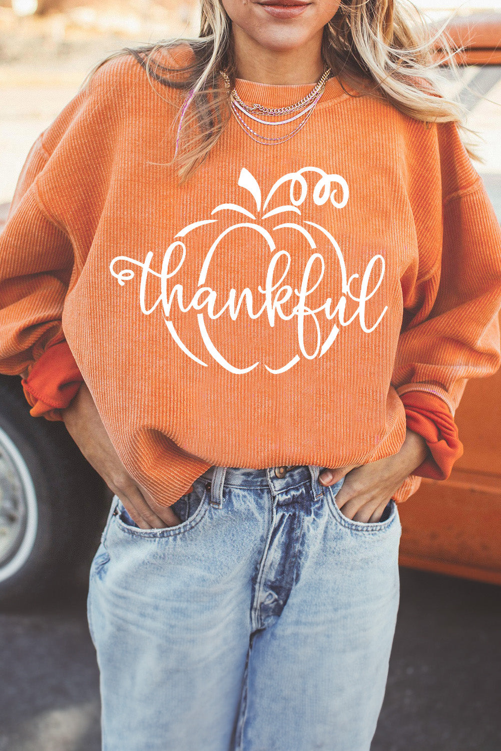 Orange Pumpkin "Thankful" Corduroy Graphic Sweatshirt