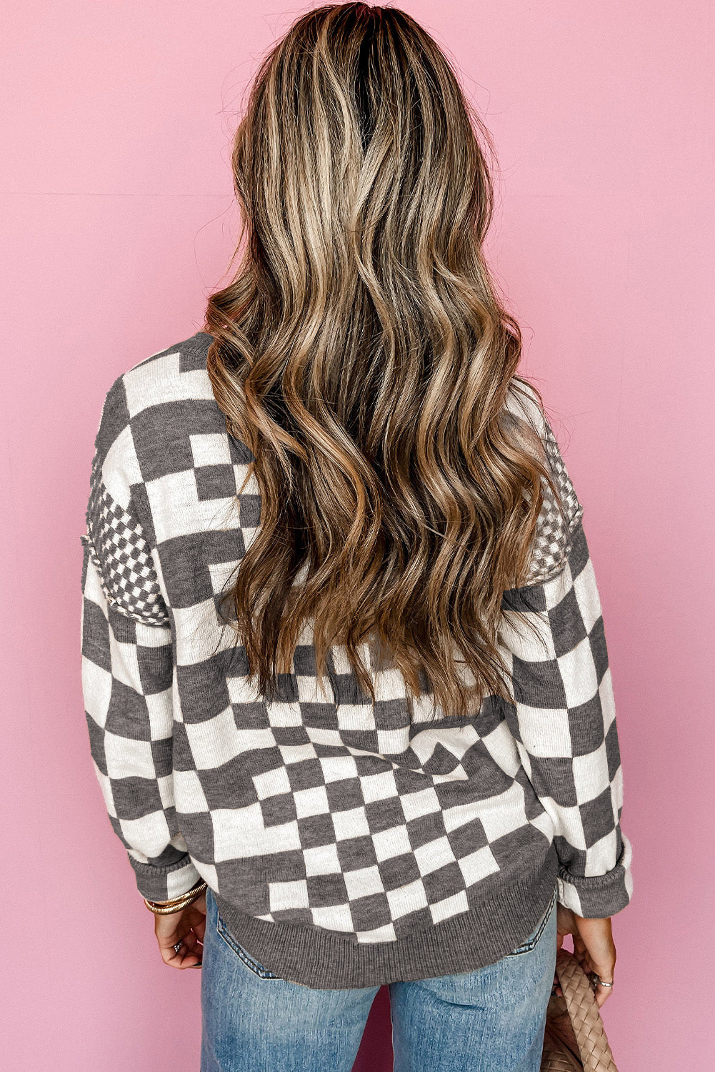  Checkered Gray Drop Shoulder Sweater