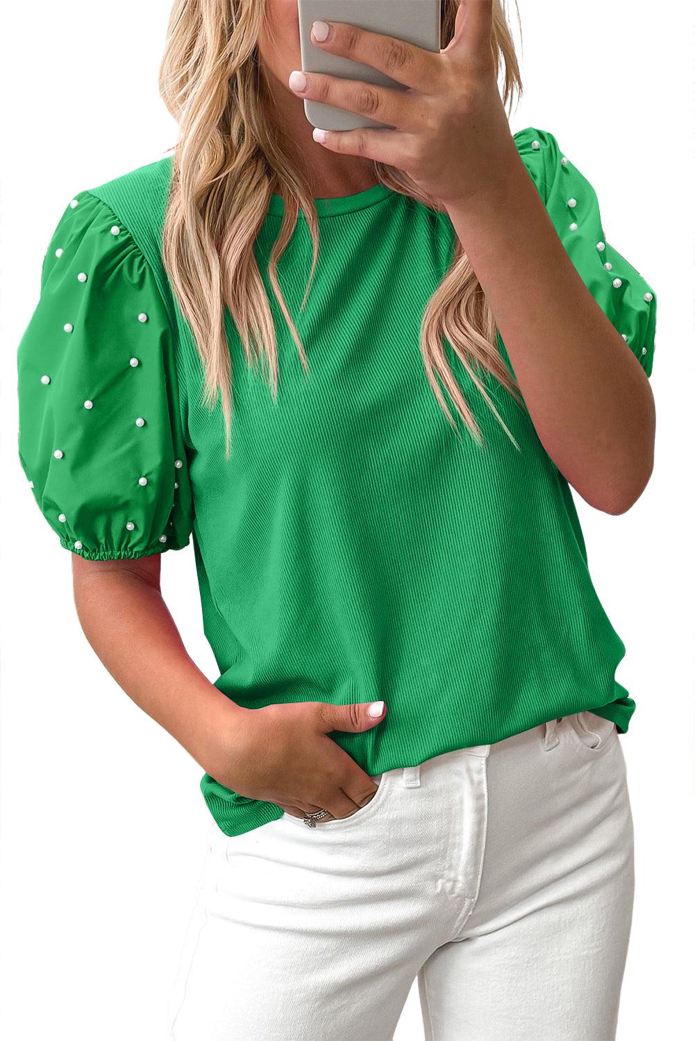 Beaded Pearl Puff Sleeve Blouse