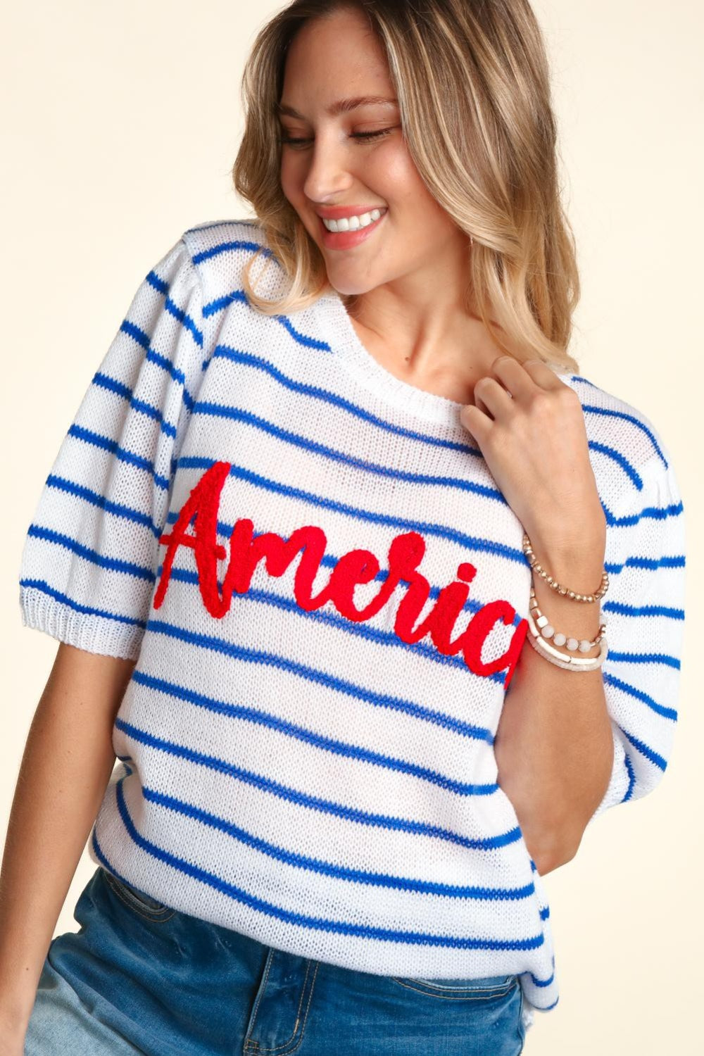 Red "American" Embroidery Striped Knit Blouse