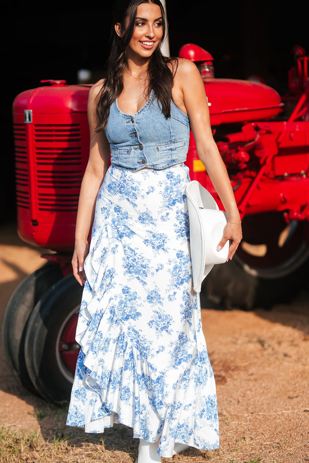 Boho Blue Floral Ruffle Split Maxi Skirt